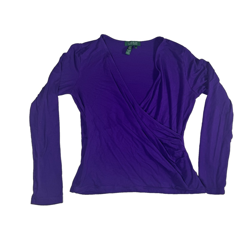LRL Ralph Lauren Womens Large Long Sleeve Shirt Shawl Collar Faux Wrap Purple